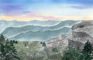 Suluboya dağları kaya, noel ağaçları ve kart tasarımı için sis, posterler, dekorasyon