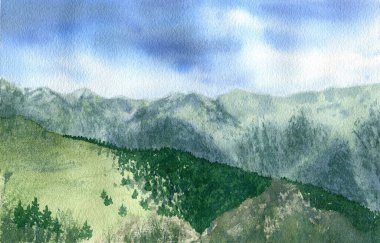 Kart tasarımı, posterler, dekor için dağların manzaralı suluboya manzarası, orman ve tarlalar