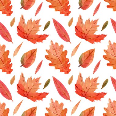 Seamless fall leaves pattern. Watercolor texture with yellow, orange, brown and green autumn leaves, oak, maple, birch leaf