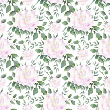 Kusursuz çiçek deseni. Tekstil ve düğün dekorasyonu için beyaz ve pembe güller ve okaliptüs yapraklı suluboya çizimleri