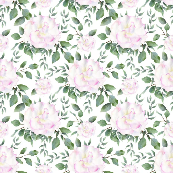 Нежный Цветочный Узор Акварельная Ботаническая Иллюстрация Белыми Розовыми Розами Листьями — стоковое фото