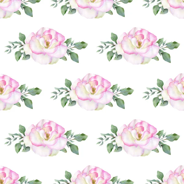 Seamless Watercolor Flowers Pattern Watercolor Botanical Illustration White Pink Roses — Stock Photo, Image