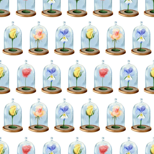 Seamless watercolor pattern. Hand drawn illustration with poppy, rose, tulip, pansy  flowers under the glass bell