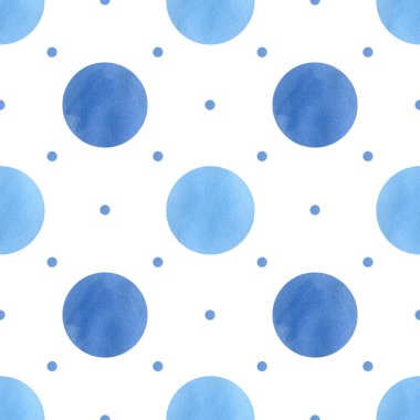 Puantiyeli kusursuz suluboya deseni. Paket kağıdı ve dekor için mavi daireli ve arka planlı soyut arkaplan