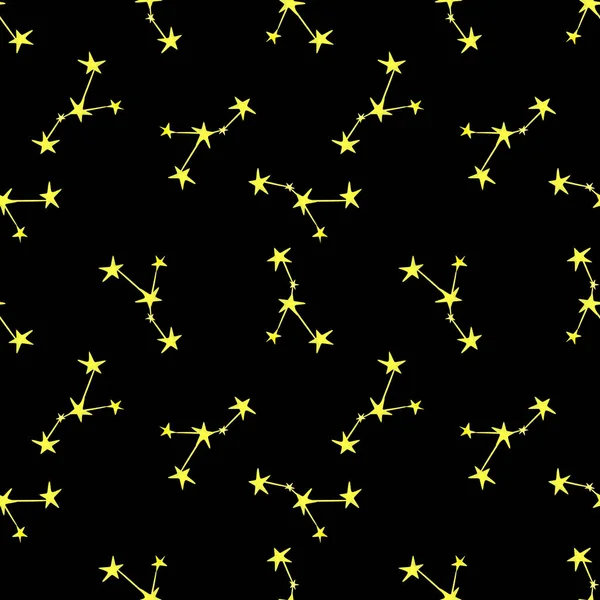 Seamless Cancer zodiac pattern. Watercolor hand drawn ornament with yellow constellations on black backgroubd for wallpapers, textile