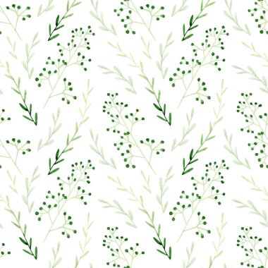 Bahçe bitkileriyle kusursuz suluboya deseni. Yeşil okaliptüs ve zeytin yapraklı arka plan, dallar