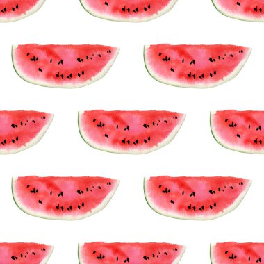 Karpuz dilimli kusursuz suluboya deseni. Kırmızı meyveli yaz arkaplanı