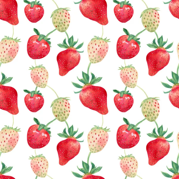 Seamless Strawberries Pattern Watercolor Background Ripe Green Berries Fabric Decor — Stockfoto