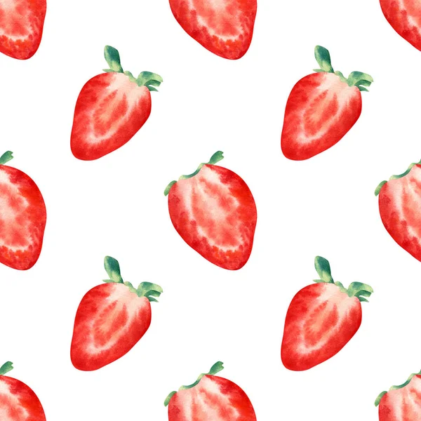 Kusursuz suluboya çilek deseni. Tekstil ve dekor için dilimlenmiş çilek ile yaz arkaplanı
