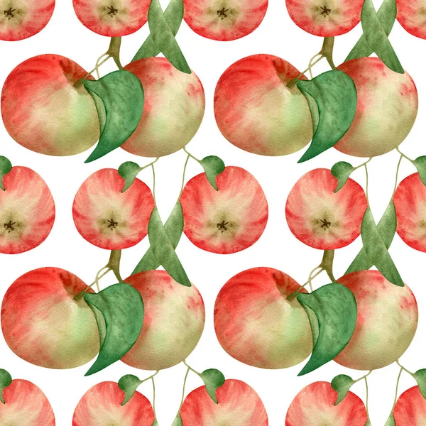 Naadloze Appels Patroon Aquarel Illustratie Met Appel Fruit Tak Met — Stockfoto