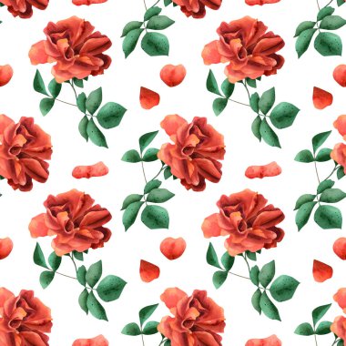 Kusursuz kırmızı gül deseni. Parlak ılık çiçekleri ve yeşil yaprakları olan suluboya botanik çizimleri. Duvar kağıtları ve tekstil dokusu