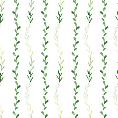 Kusursuz suluboya çiçek deseni. Yaz dekoru ve tekstil için yeşil yapraklı ve dallı bitkisel soyut arkaplan