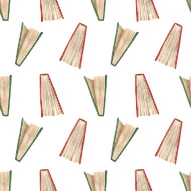 Bilgi günü dekorasyonu, okul tasarımı, kütüphaneler ve duvar kağıtları için katlanmış kitaplarla kusursuz suluboya deseni.