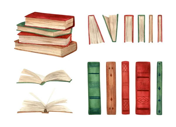 Suluboya kitapları hazır. Kitap yığınıyla suluboya resimleme, açılmış kitap, omurga ve kütüphane dekorasyonu için yayılma, okul tasarımı, bilgi günü kartları
