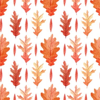Kusursuz meşe yaprakları deseni. Kumaş, dekor için sıcak renklerde sonbahar yaprağıyla suluboya arkaplan