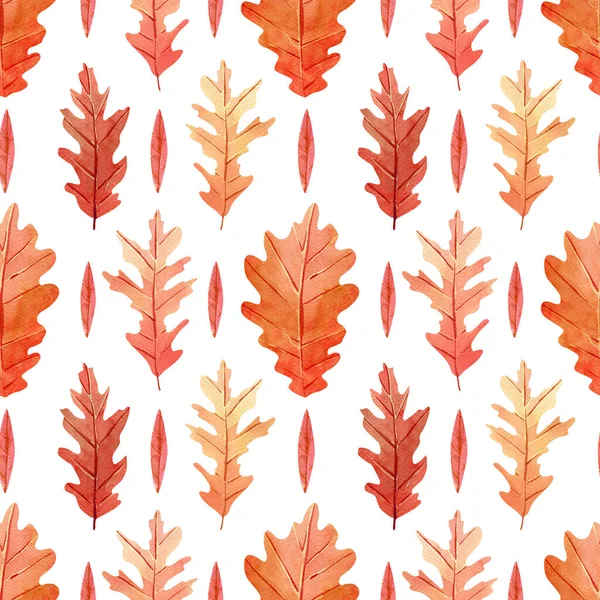 无缝制的橡木叶子图案 水彩背景 秋天的叶子为温暖的颜色 用于织物 — 图库照片
