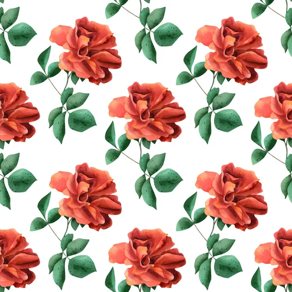 Nahtloses Muster Roter Rosen Aquarell Hintergrund Mit Heller Rose Blume — Stockfoto