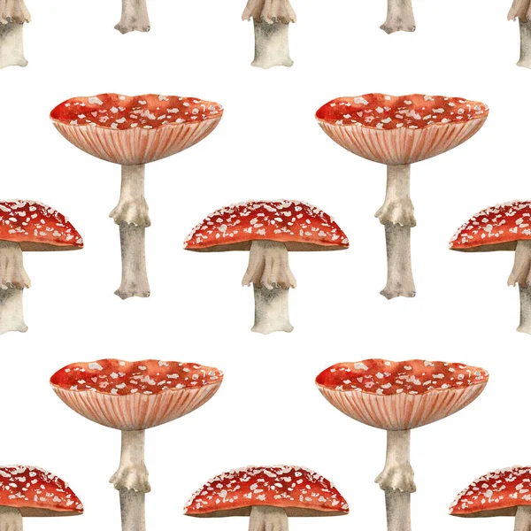 Watercolor Fly Agaric Pattern Seamless Background Red Mushrooms Decor Textile — Stock Photo, Image