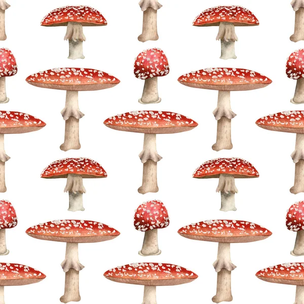 Seamless Amanita Pattern Watercolor Background Fly Agaric Mushrooms Red White — Stock Photo, Image
