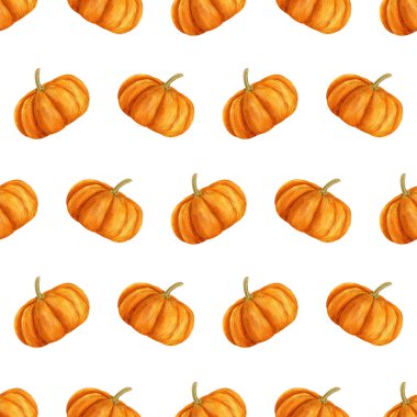 Kusursuz suluboya balkabağı deseni. Şükran Günü dekorasyonu için ılık suluboya arka plan, sonbahar tekstili, duvar kağıtları, cadılar bayramı hatıraları.