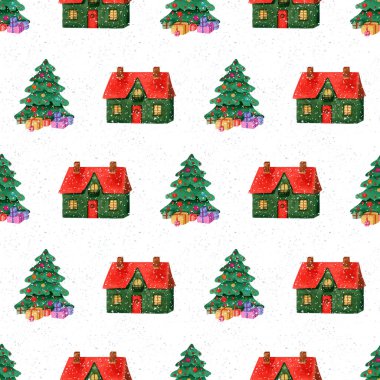 Noel ağacı ve şirin evle kusursuz bir düzen. Yeşil Noel ağacı ve hediye kutuları ve kar taneleriyle suluboya çizimi