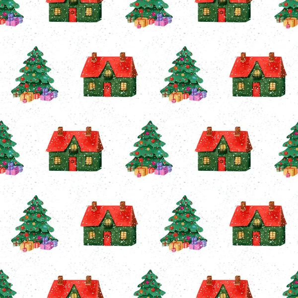 クリスマスツリーとかわいい家とシームレスなパターン ギフトボックスと雪の結晶と緑のクリスマスツリーと水彩イラスト — ストック写真