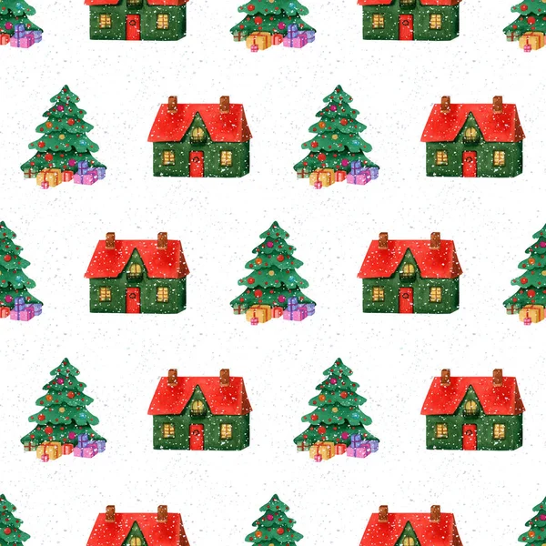 Noel ağacı ve şirin evle kusursuz bir düzen. Yeşil Noel ağacı ve hediye kutuları ve kar taneleriyle suluboya çizimi