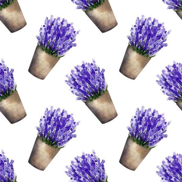 Naadloos Lavendelpatroon Aquarel Achtergrond Met Potted Lavendel Voor Stof Wallpapers — Stockfoto