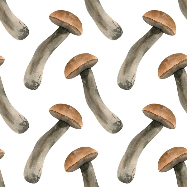 Sömlös Svamp Mönster Akvarell Bakgrund Med Boletus Eller Vit Ätbar — Stockfoto