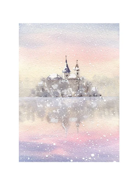 Téli Mesebeli Kastély Víz Elmélkedéssel Akvarell Havas Illusztráció Üdvözlőlapok Plakátok — Stock Fotó