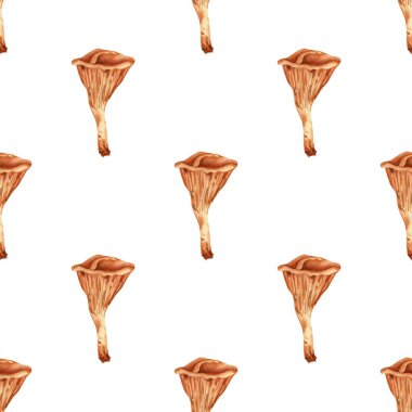 Chanterelle mantar arka planı. Kumaş, duvar kağıtları, ev dekorasyonu, tekstil için yenebilir turuncu mantarların botanik resimleriyle kusursuz suluboya deseni.