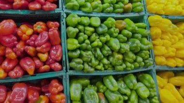 Pazar kutularında sergilenen parlak renkli biber ve patlıcanlar..