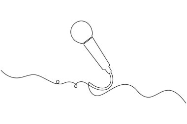 Retro mikrofon ve müzik sembollerinin bir çizgi çizimi minimalist vektörü temsil eder