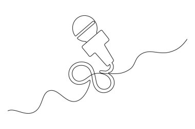 Retro mikrofon ve müzik sembollerinin bir çizgi çizimi minimalist vektörü temsil eder