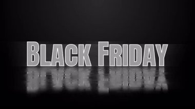 Metalik parlaklığı ve koyu parlak zemine yansıması olan gelecekçi Kara Cuma metni, satış veya pazarlama görselleri için modern minimalist 3D tipografi tasarımı. 4K video
