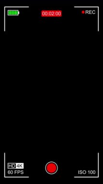 Kırmızı zamanlayıcı, pil göstergesi, HD 4K etiketi ve şeffaf arkaplanda REC sembolü ile kamera kayıt ekranı dikey arayüzü. 4K video