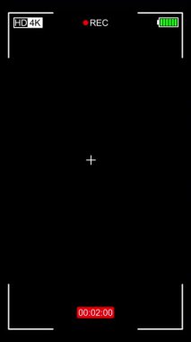 REC sembolünü, HD 4K etiketini, yeşil pil çubuğunu ve şeffaf arkaplanda kırmızı zamanlayıcıyı gösteren kamera kayıt arayüzü. 4K video