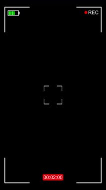 Dikey ekran arayüzü, REC göstergesi, yeşil pil çubuğu, odak kare ve kırmızı zamanlayıcı şeffaf arkaplanda kaydediliyor. 4K video