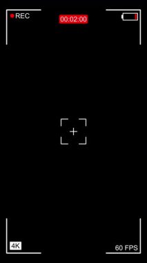 REC simgesiyle dikey ekran arayüzü, düşük pil göstergesi, şeffaf arkaplan odaklı kare ve zamanlayıcı kaydeden en az 4K kamera. 4K video