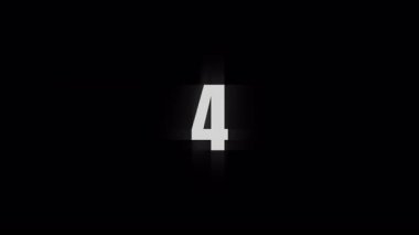 Dinamik 5 saniyelik dijital geri sayım arızası, bozuk sayılar, tarama hattı gürültüsü, RGB bölünmesi ve modern teknolojik hareket grafik tarzı. 4K video