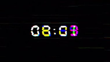 Animasyon dijital 10 saniyelik geri sayım zamanlayıcısı. Siyah arka planda RGB hata, gürültü ve VHS bozulması var. Video tanıtımı için mükemmel. 4K video