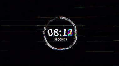 Dairesel dijital 10 saniyelik geri sayım, RGB bozulması ve titreşimli ses efekti. Hareket tasarımı, video tanıtımı veya geçiş için ideal. 4K video