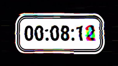 Beyaz ekran arka planında RGB arıza bozulması, statik titreşim ve fütürist arayüz tasarımı içeren 10 saniyelik dijital zamanlayıcı animasyonu. 4K video