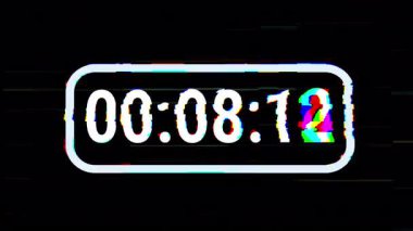 Dijital 10 saniyelik geri sayım zamanlayıcısı animasyonu RGB bozulması, statik gürültü ve siyah arkaplanda neon tarzı arayüzle. 4K video