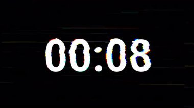 Dijital 10 saniyelik geri sayım zamanlayıcı animasyonu RGB bozulması, statik gürültü ve siyah arka planda minimum gelecek tasarımı. 4K video