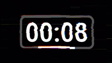 Animasyon dijital 10 saniyelik geri sayım zamanlayıcısı RGB bozulması, tarama hattı gürültüsü ve fütüristik dikdörtgen çerçeve tasarımı. 4K video