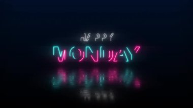 Parlayan neon ışıklı Pazartesi metni parlak pembe ve mavi ışık ve koyu parlak arka plan yansımaları. 4K video