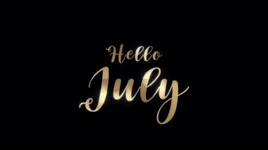 Zarif Altın Merhaba Temmuz harfleri, koyu arka planda hafif ışık parlaması, temiz ve lüks minimalist bir görünüm yaratıyor. 4K video