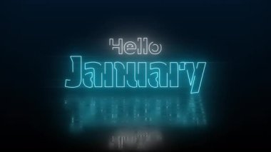 Yansıtıcı zemini ve sezonluk tasarım için karanlık atmosfer arkaplanı olan mavi tonlu, parlak Hello January metni. 4K video