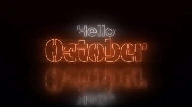 Parlak neon turuncu Merhaba Ekim metni sıcak ve modern atmosferi olan karanlık bir yansıtıcı yüzeyde parlıyor. 4K video